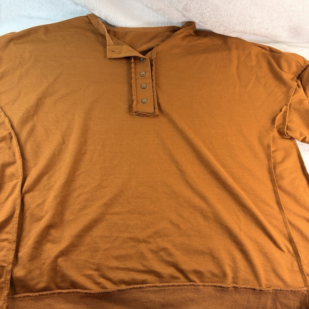 Oversized Henley Top 2XL Burnt Orange Drop Shoulder Exposed Seam Sweatshirt Fall